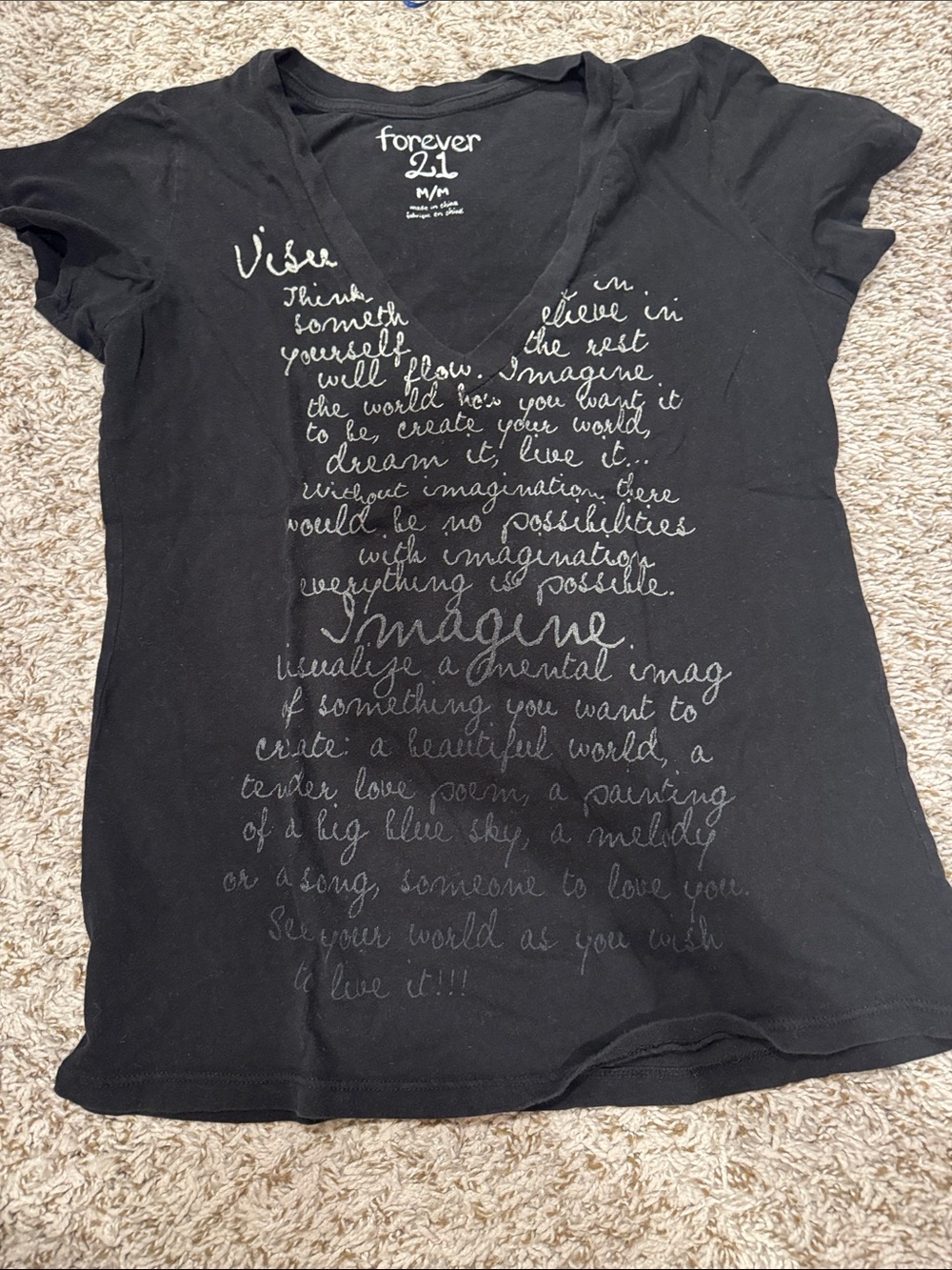 Forever 21 Black V-Neck Script Graphic Tee with Subtle Gray Print